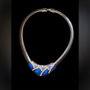 Elegant Vintage Trifari Vintage Omega Necklace Blue Purple Enamel Faux Pearl